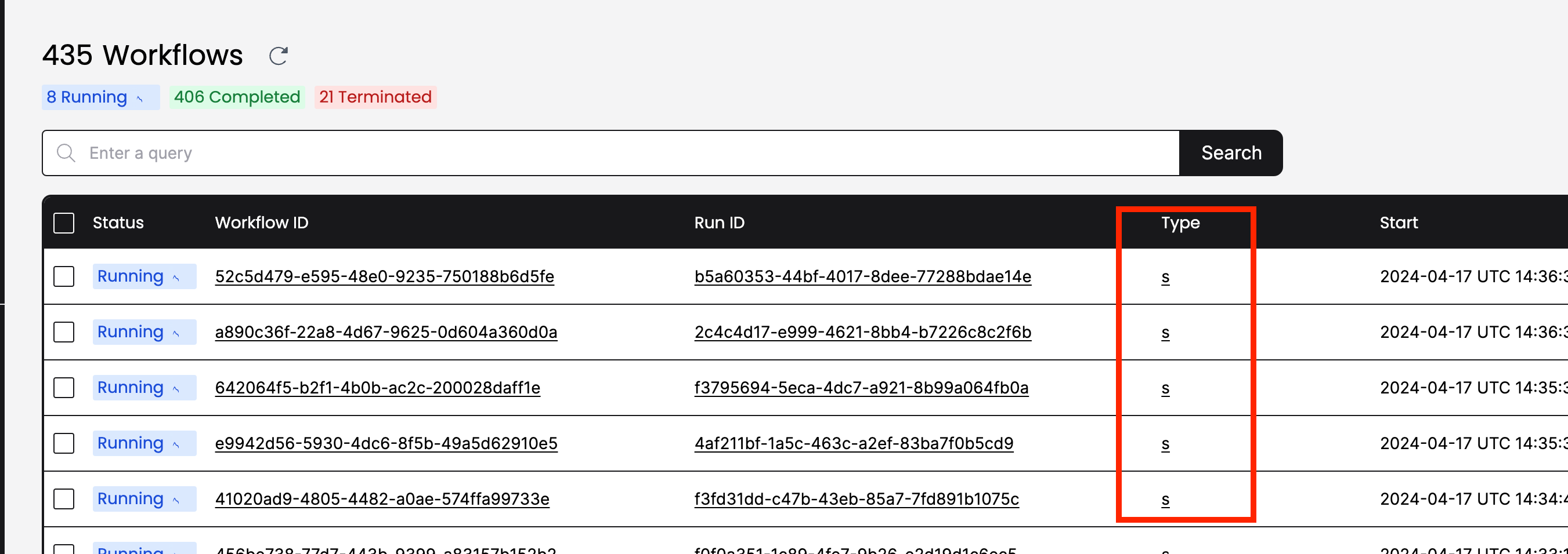 Temporal Web UI showing stripped 'Workflow Type' entries, in this case the single letter 's'